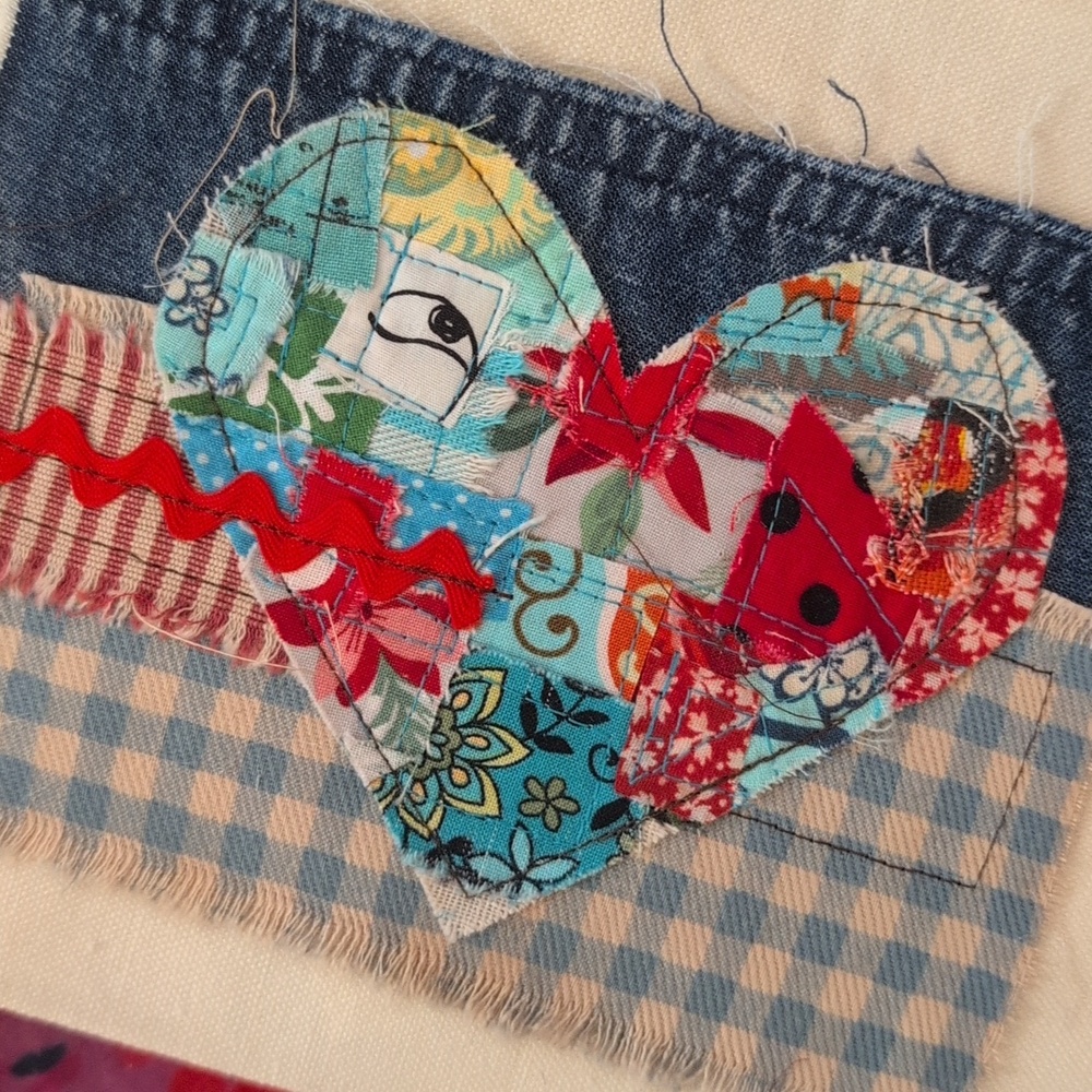 Fabric Heart Zipper Pouch, Canvas Bag w fabric embellishments HANDMADE ITEM - Picture 4 of 4